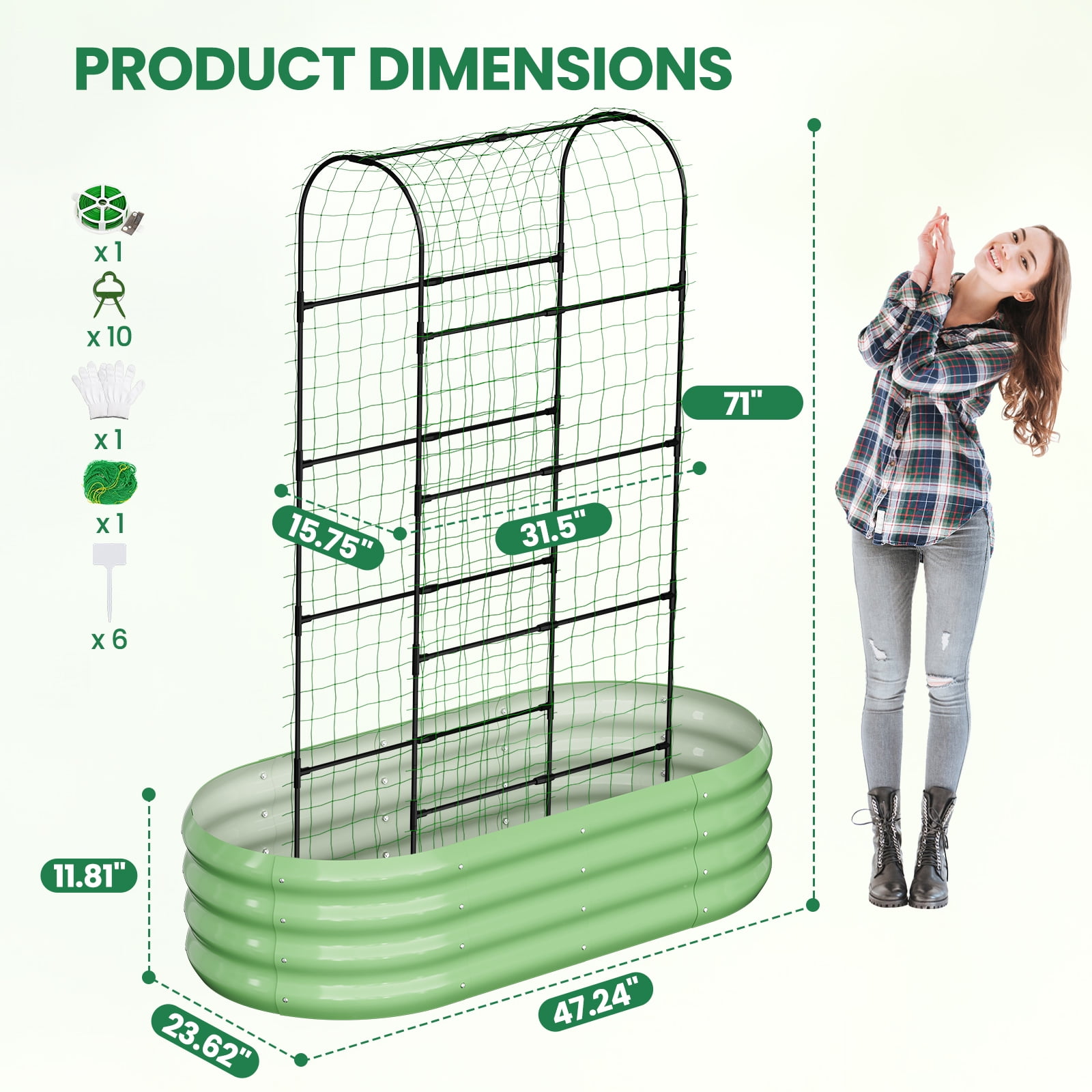 MOPHOTO 71inch Raised Garden Bed Arched Trellis Galvanized Planter Backyard Box Outdoor for Gardening,Climbing Vegetables,Plants,Flowers(Green)