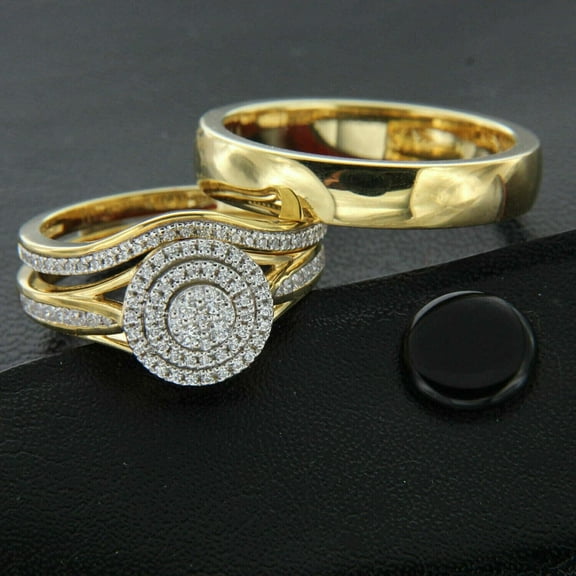 His & Her Trio Ring Set For Wedding in Round Cut Diamond 14K Yellow Gold Plated -6
