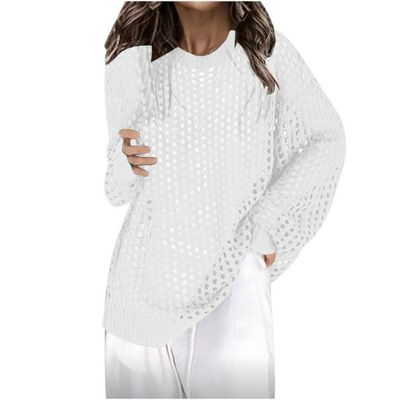 HAiming Hollow out Sweater for Women Trendy Pullover Round Neck Long Sleeve Knit Tops Casual Loose Comfort Cover Ups