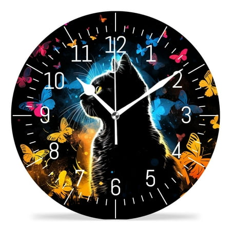 14 Inch Wall Clock Battery Operated Silent Clock Decorative for Office, Kitchen, Outdoor, Living Room,Colorful Cute Cat Butterfly Polka Dot Image