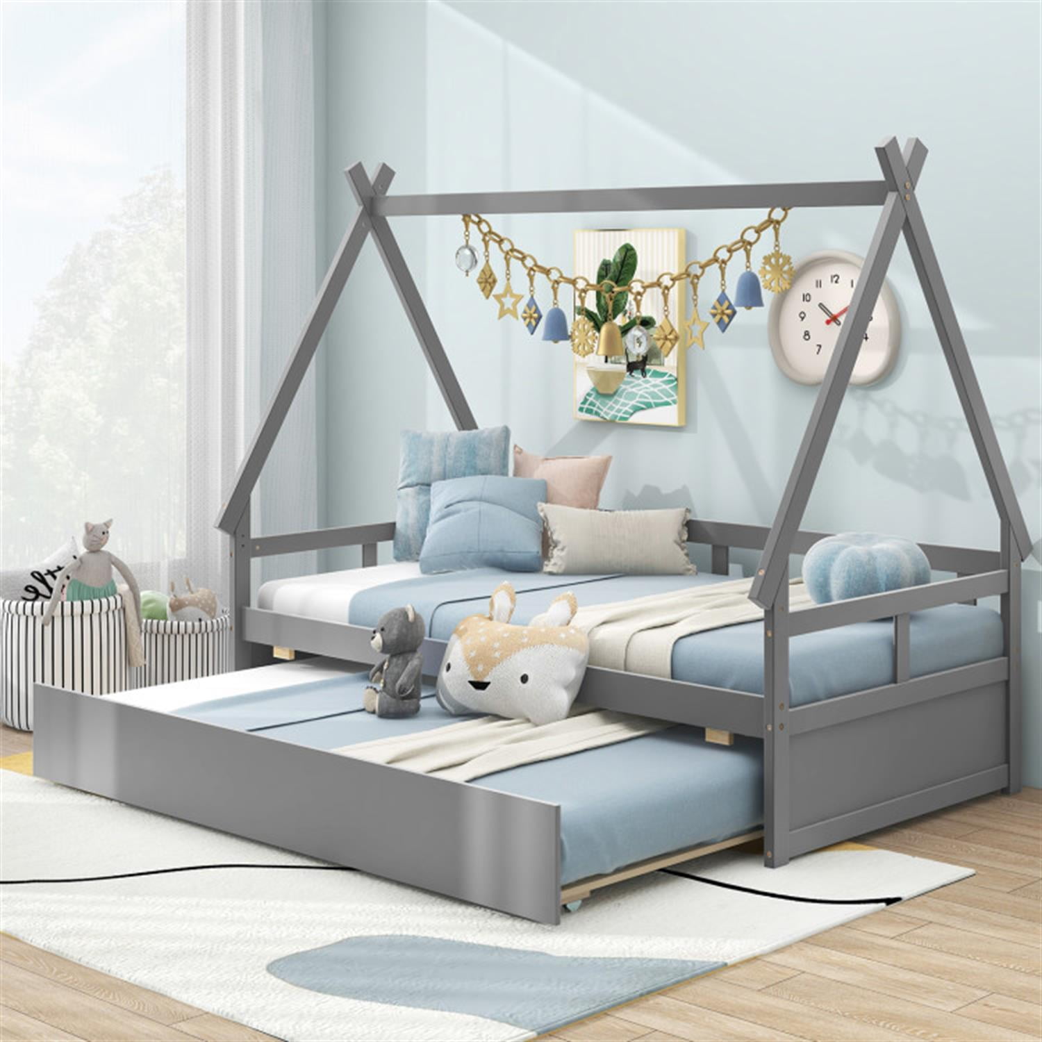 Demi Bonn Twin Size House Bed Frames with Trundle and Safety Guardrail, Modern Platform Bed Frames for Teens, Gray