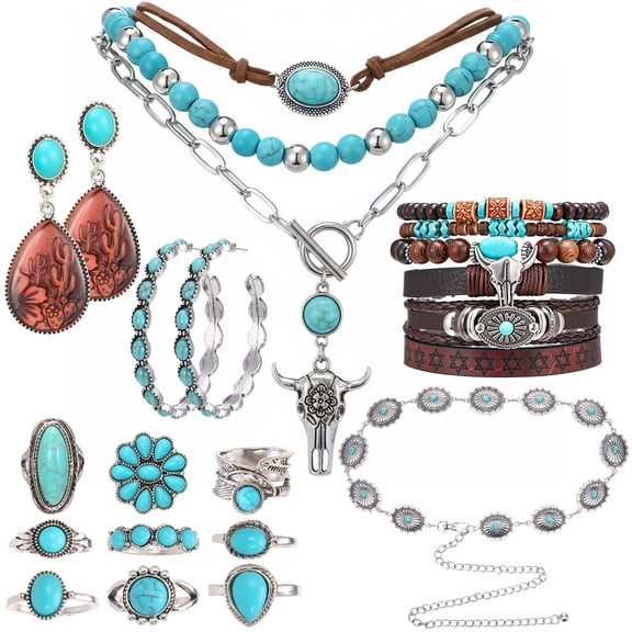 Bocaoying 21 Pack Turquoise Western Jewelry Set for Women, Boho Vintage Country Cowgirl Necklace Earrings Bracelet Ring, Retro Turquoise Accessories for Party Concert Birthday Festival