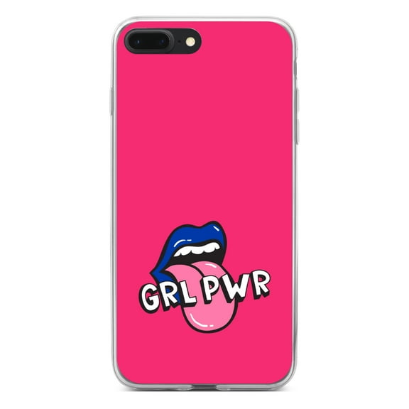 DistinctInk Clear Shockproof Hybrid Case for iPhone 7 PLUS / 8 PLUS (5.5" Screen) - TPU Bumper, Acrylic Back, Tempered Glass Screen Protector - Girl Power - GRL PWR - Loud Mouth, Pink & Blue