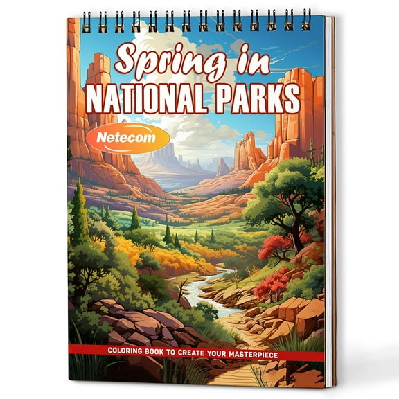 Netecom Spring in National Parks Coloring Book Spiral Bound for Adults, A5 Wooden Cover, 30 Coloring Pages of Scenic Landscapes, Blooming Flowers, Mountains for Stress Relief and Relaxation