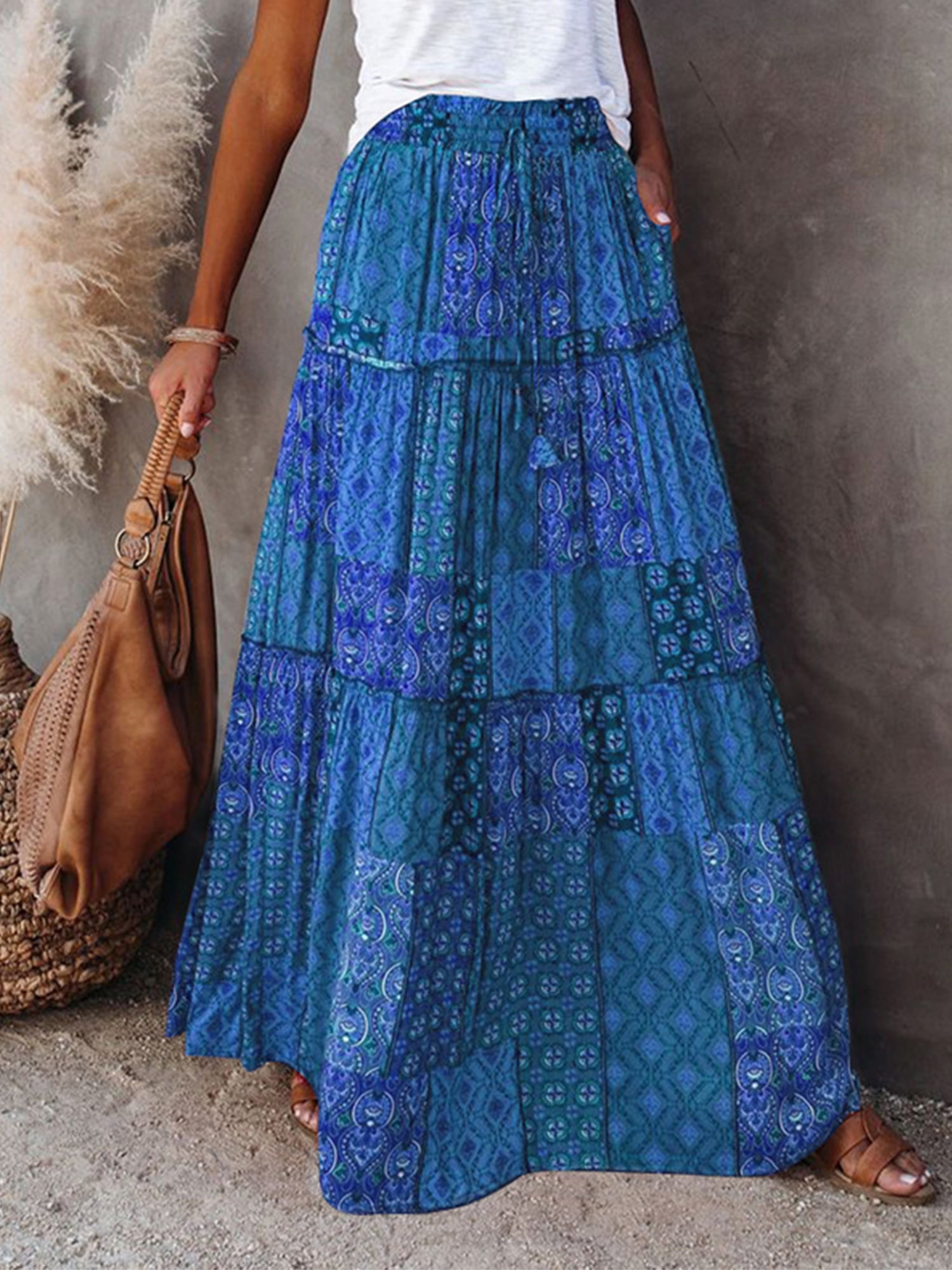 Jupe Longue Bohème Femme à Volants - Taille Haute Élastique - Avec Poches - Style Décontracté Trapèze - 11
