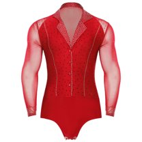 Eandarui Men Sheer Mesh Latin Ballroom Dance Leotard Shiny Bodysuit Cha-Cha Ballet Dance Class Red XXL