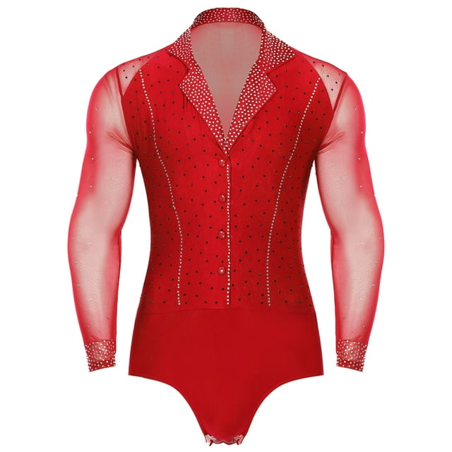 Venjoe Mens Latin Ballet Tango Dance Leotard Long Sleeve Shiny Rhinestones Figure Skating Romper Red L