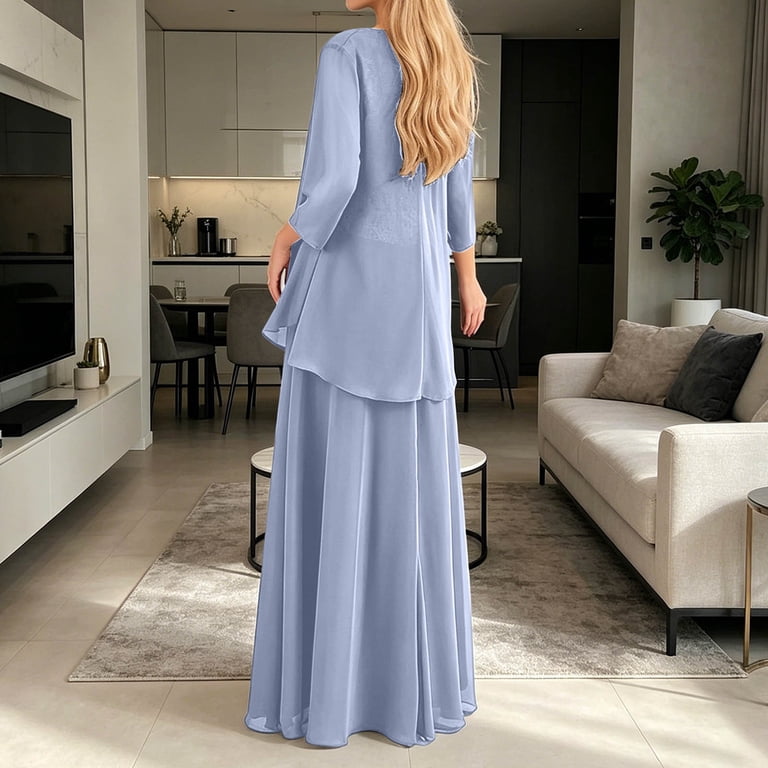 Letdown Mother of The Bride Dresses 3 PCS 3/4 Sleeves Lace Appliques Chiffon Grandma of The Groom Maxi Dress with Jackets, Women's, Size: XS, Beige
