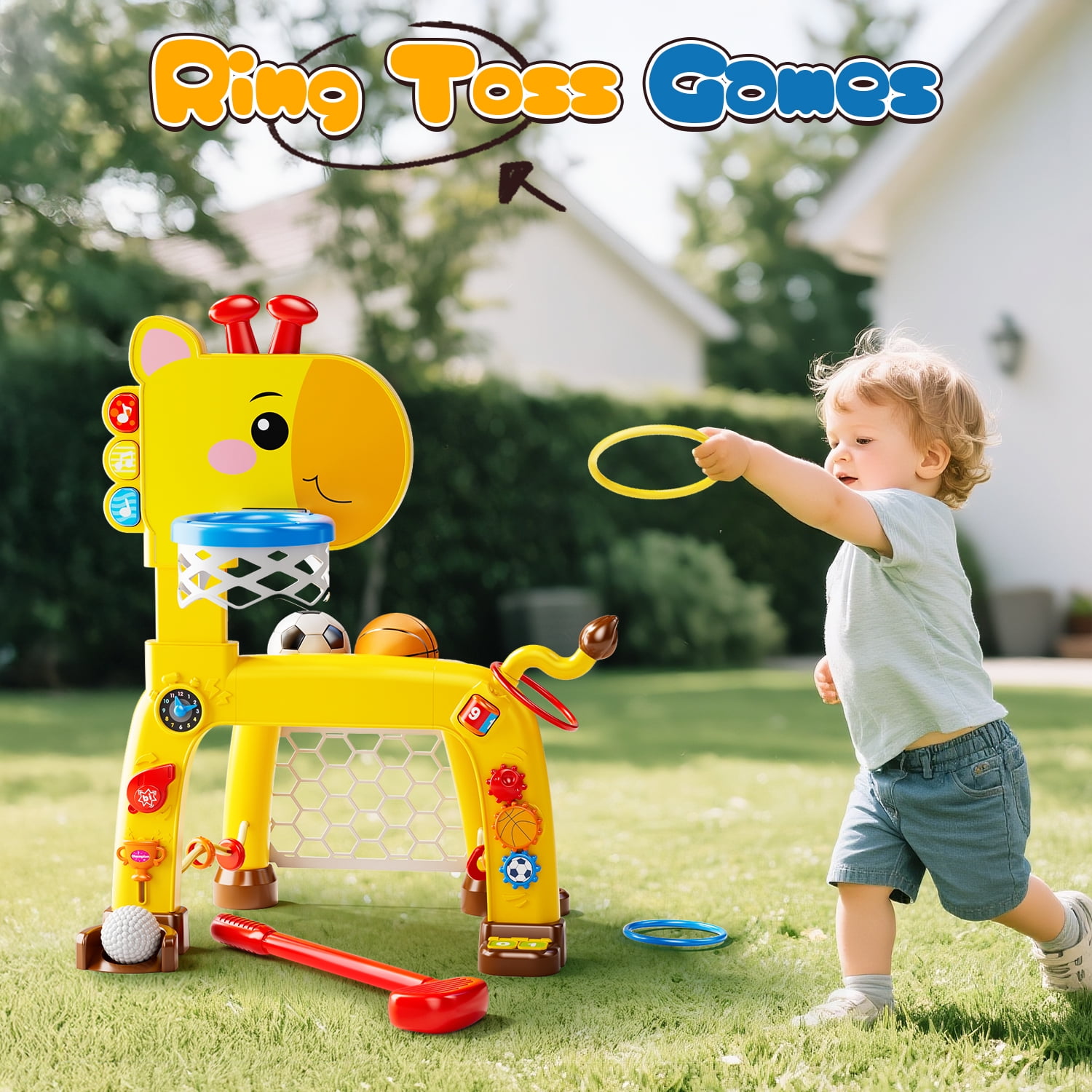 4-in-1 Toddler Basketball Hoop, Soccer Goal, Golf Toy & Ring Toss Game with Lights and Music, Kids Sports Activity Center Gifts for Boys and Girls Ages 1-3