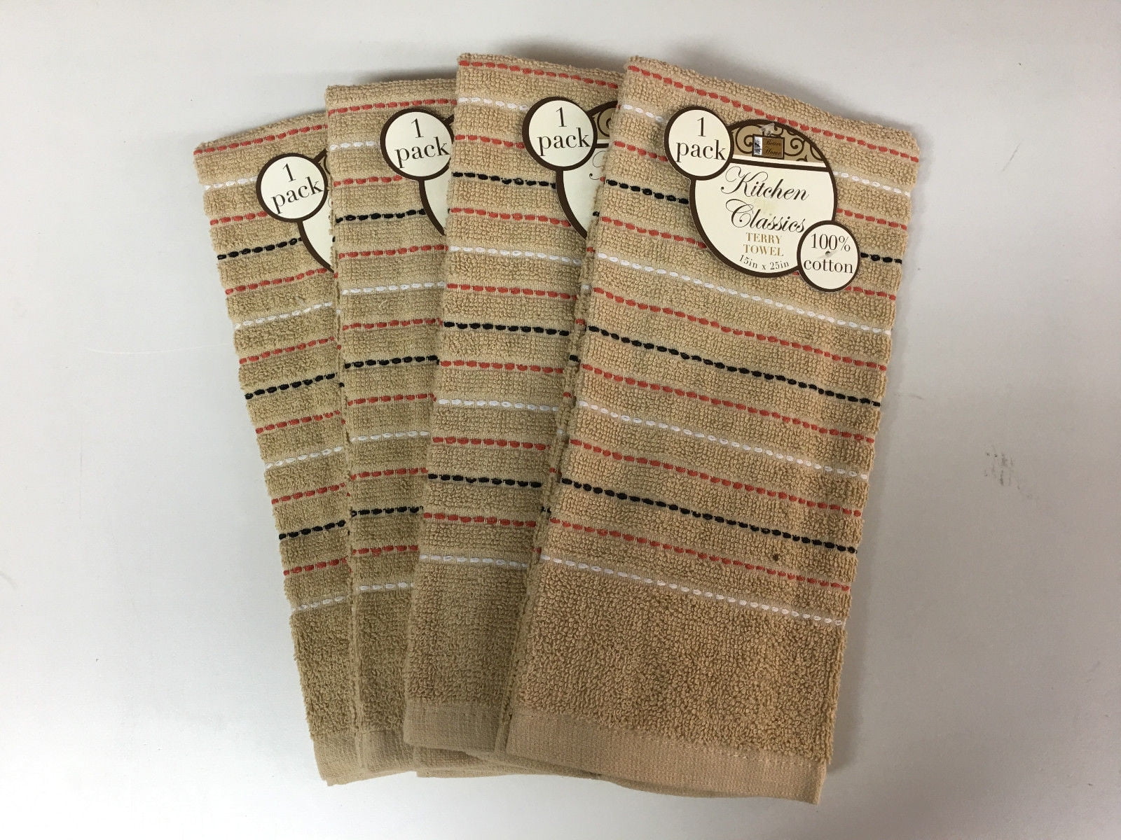 Set of 4 Cotton Striped Kitchen Dish Towels, Tea Towels, Camel
