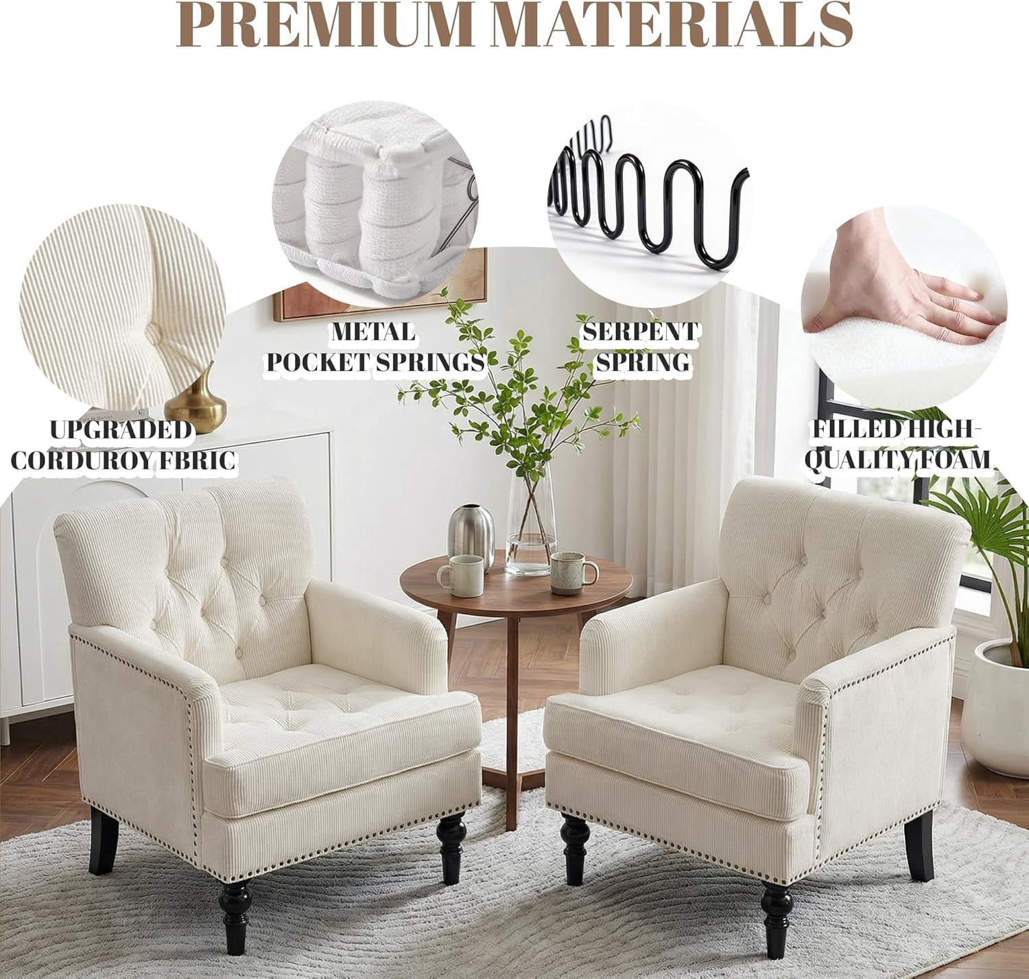MOONMISS 26.4" Wide Accent Chair,tufted Club Chair With Linen Fabric,upholstered Button Armchair For Bedroom, Living Room,Beige