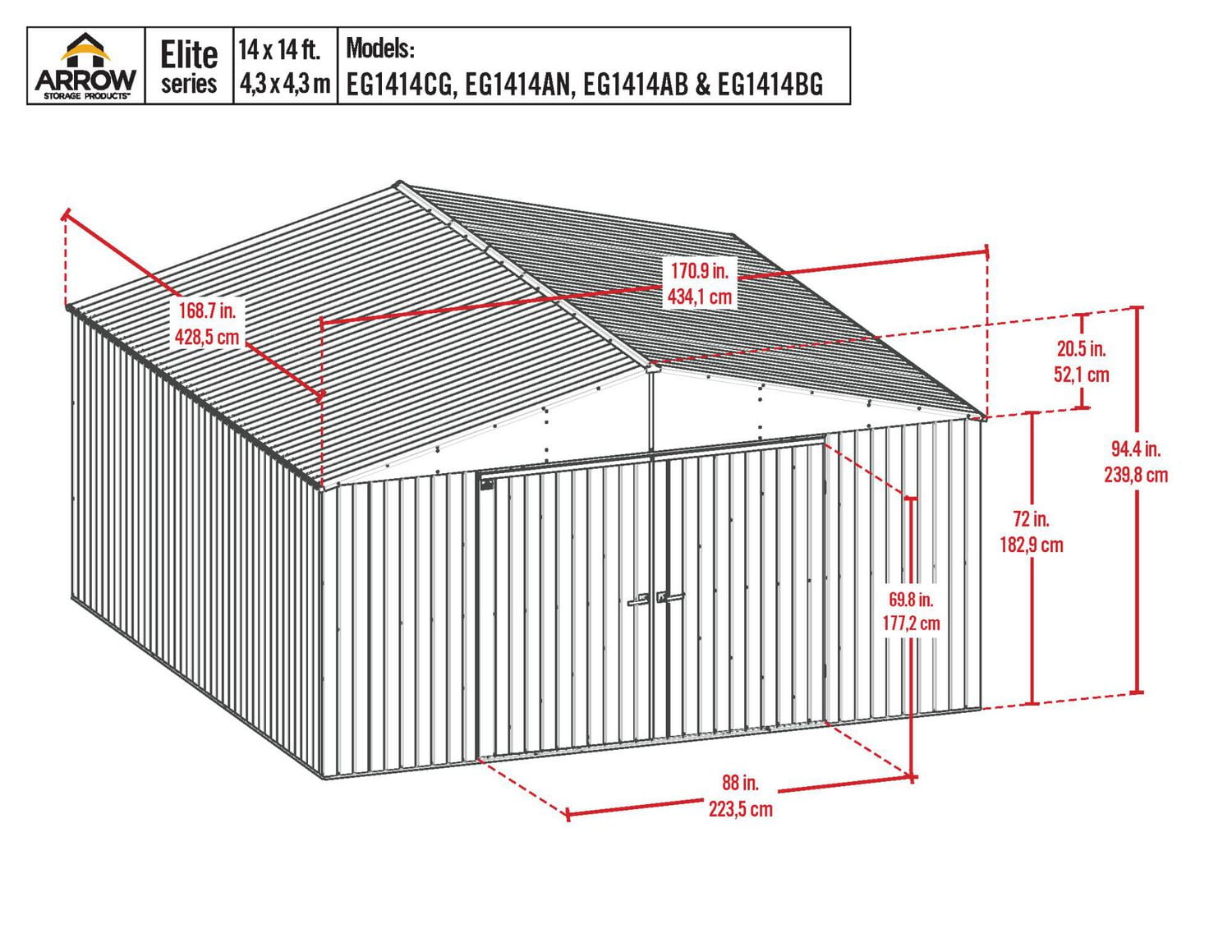 Abri de rangement en acier Arrow Elite, 14 x 14 pi, Gris Froid