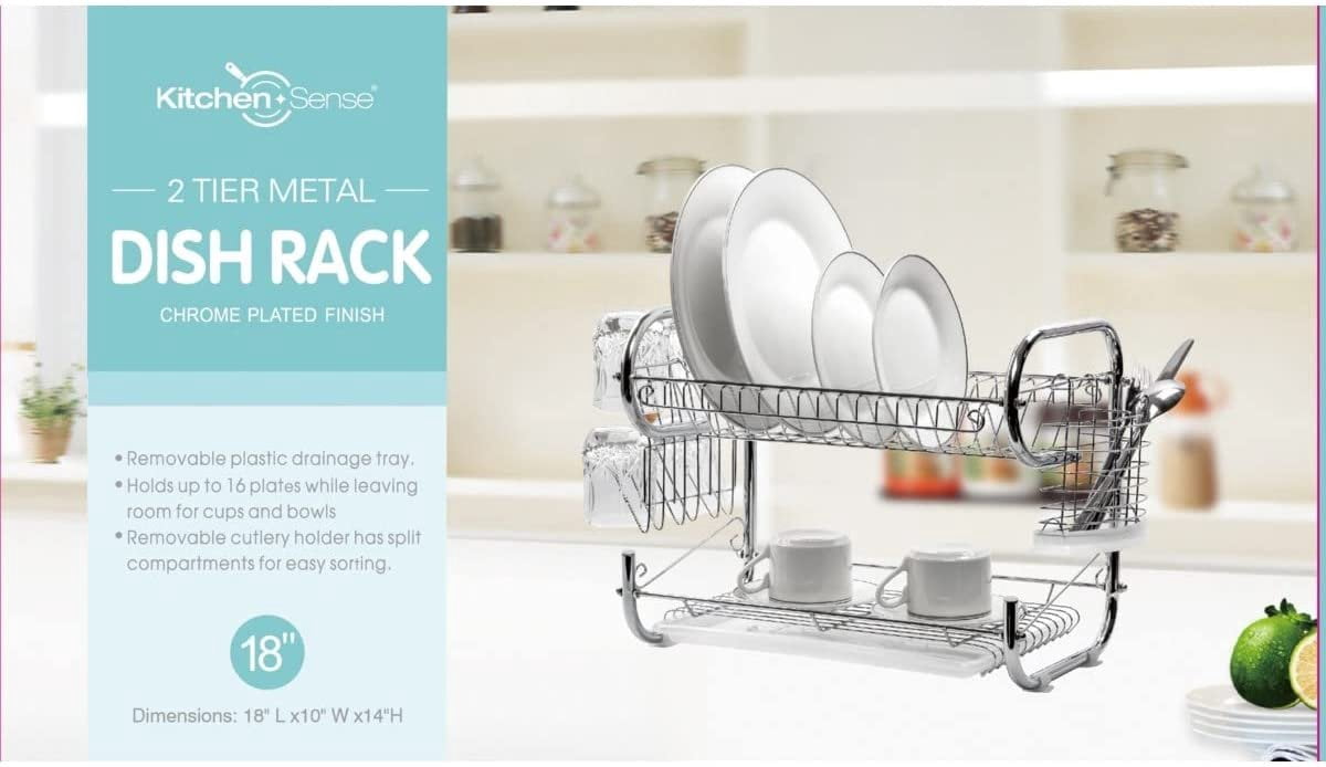 J&V TEXTILES Dish Drying Rack, Stainless Steel 2-Tier Dish Rack with Utensil Holder, Cutting Board Holder and Dish Drainer for Kitchen Counter 18-Inch