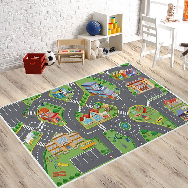 Alfombra de dibujos animados para niños, alfombra creativa de pista de ciudad, Rectangular para sala de juegos y dormitorio