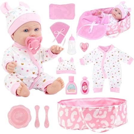 K.T. Fancy 12″ Baby Doll with Sleeping Carrier Bassinet Bed Set in Gift Box - 13 Piece Accessories, for Girls Ages 3 