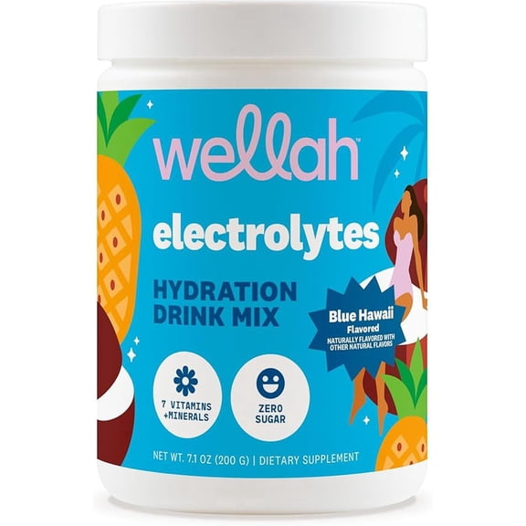 Wellah Electrolytes Powder (Blue Hawaii) 50 Servings - Hydration Drink Mix, 7 Vitamins & Minerals, Zero Sugar