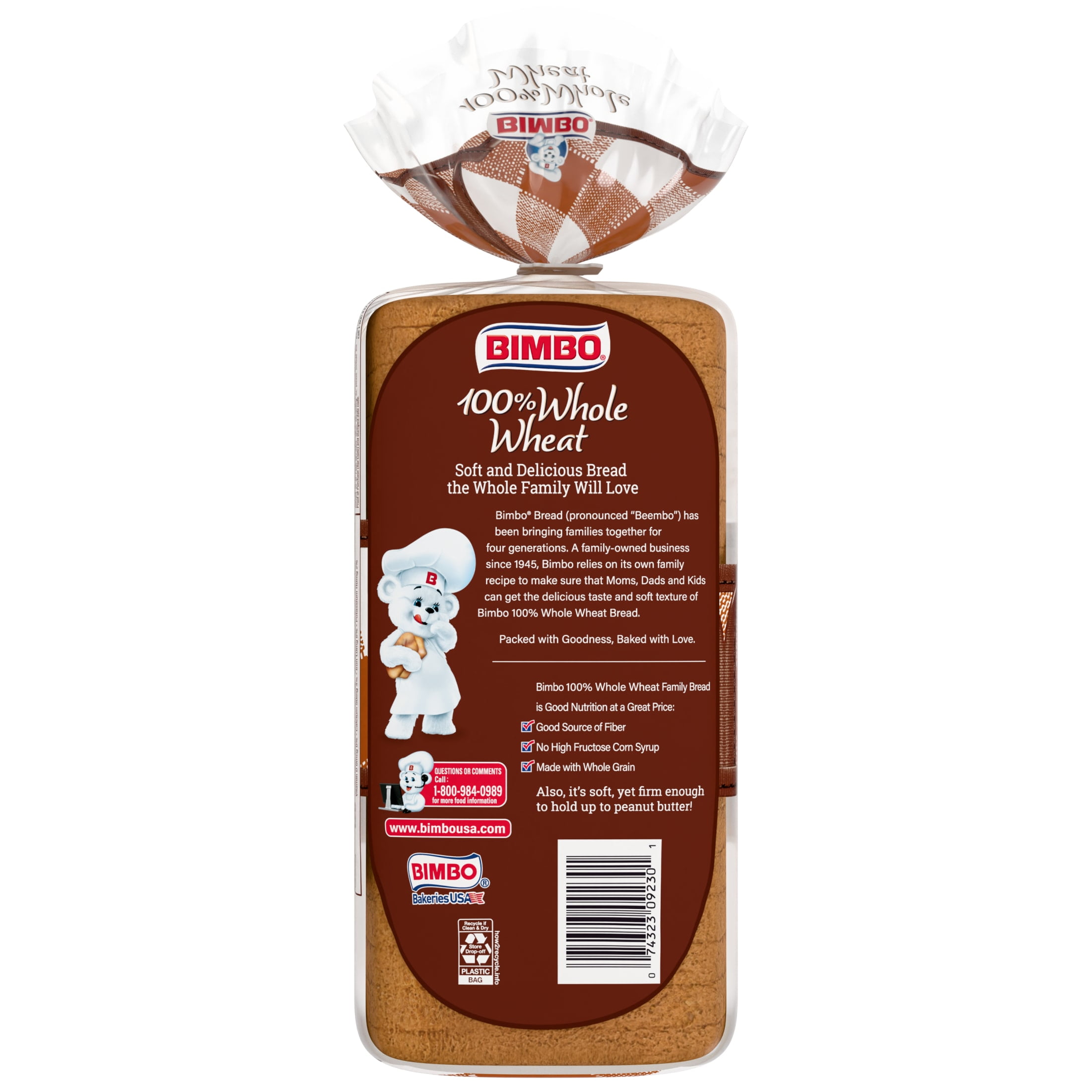 Bimbo Whole Wheat Bread, 16 oz, Pre-sliced Wheat Bread, Bag