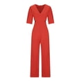 thumbnail image 5 of Gaecuw Jumpsuits for Women Dressy Wedding Short Sleeve Puff Sleeve Overall V Neck Band Collar Solid Onesie One Piece Outfits Loose Baggy Long Pants Wide Leg Summer Romper Pull On Ankle Length Trousers, 5 of 7