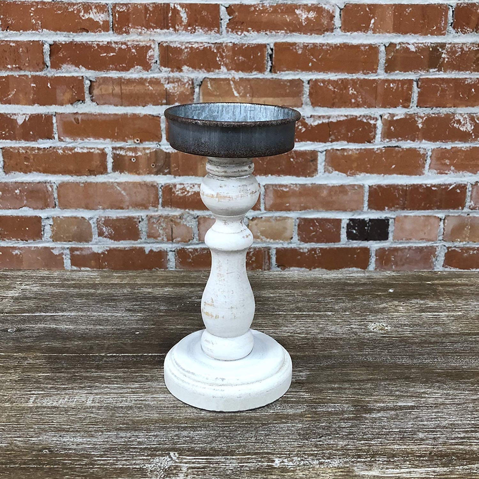Parisloft Whitewashed Wood and Metal Pillar Candle Holder, Farmhouse