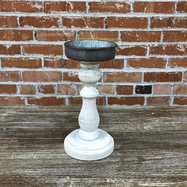 Parisloft Whitewashed Wood and Metal Pillar Candle Holder, Farmhouse Style Decor, 8-7/8"H