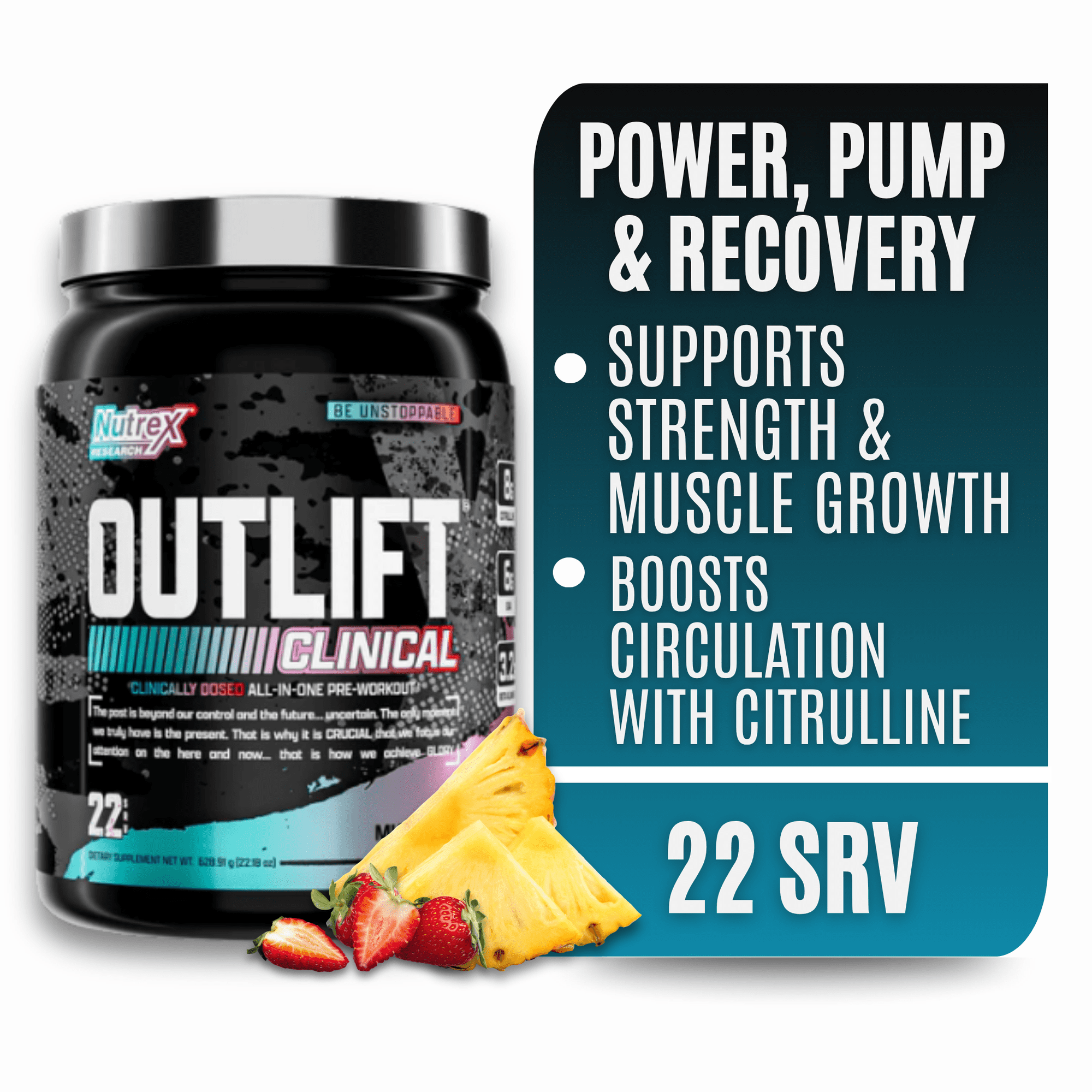 Nutrex Research Outlift Clinically Dosed Pre Workout Powder with Creatine, 8G Citrulline, BCAA - Energy, Performance, Pump Preworkout Supplement for Men & Women (22 Servings, Miami Vice)
