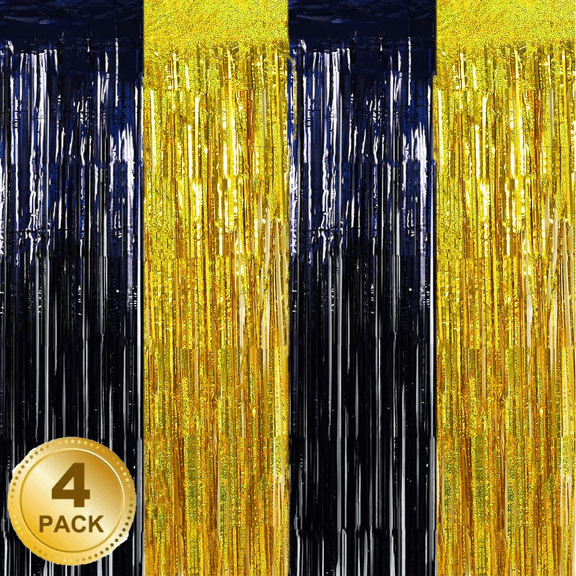 PandaTop 4 Pcs Tinsel Backdrop Party Decorations,Black and Gold Streamers Foil Fringe Curtains Backdrop for Wedding Anniversary Christmas Party Decoration Backdrop(9.8x3.3 Feet,Black and Gold)