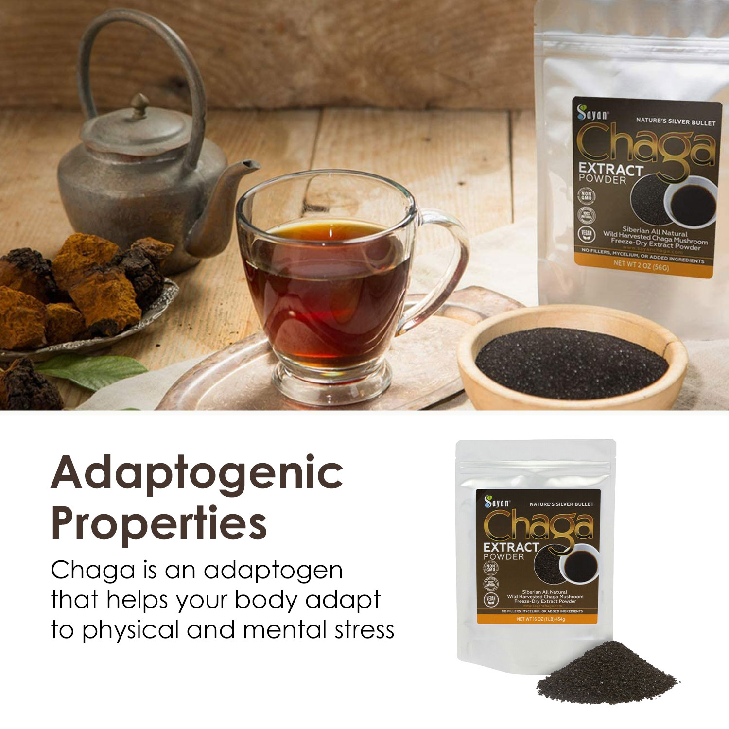 Sayan Herbal Tea, Chaga Mushroom Extract Powder, Siberian Wild Forest Detox Tea (Black, 1 lb)