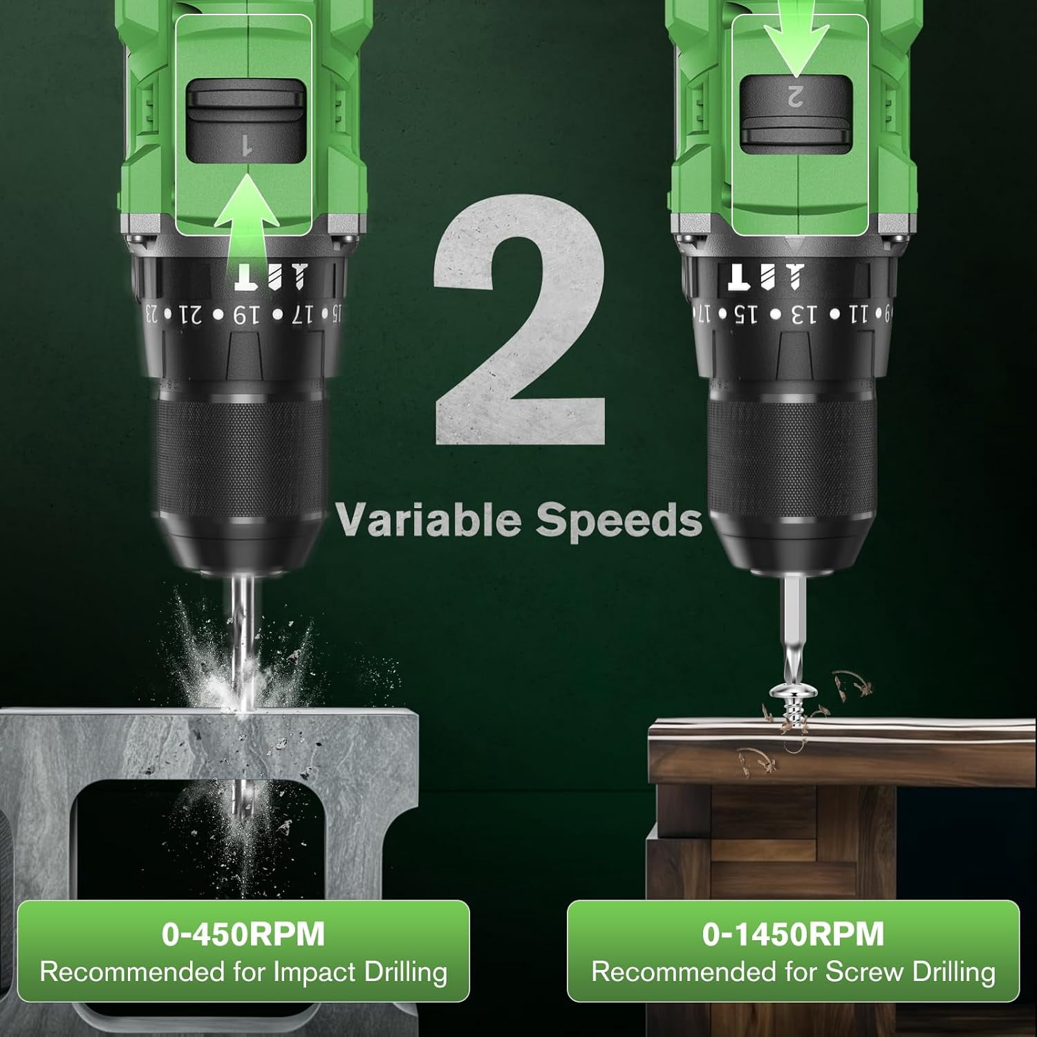 21V Cordless Drill Set, Electric Power Drill 34Pcs with 3/8 Inch Keyless Chuck, 25+3 Clutch Compact Driver Drill with Work Light, Max torque 45Nm, 2-Variable Speed & Battery and Fast Charger