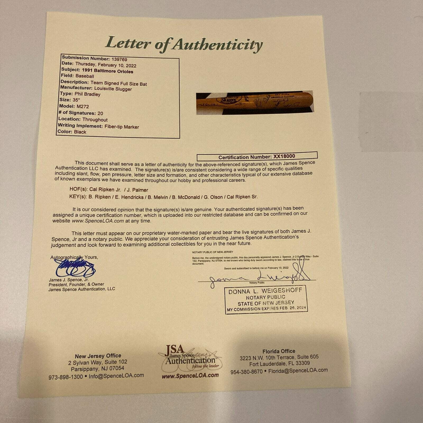 Cal Ripken Sr. Cal Ripken Jr.  Billy 1991 Baltimore Orioles Signed Bat JSA COA
