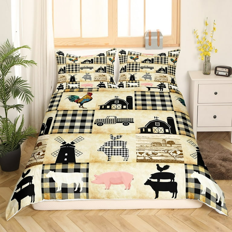 Vintage Rustic Farmhouse Duvet Cover Twin Farm Animals Cow Pig Chicken Bedding Set For Kids Boys Girls Black White Buffalo Plaid Comforter Cover