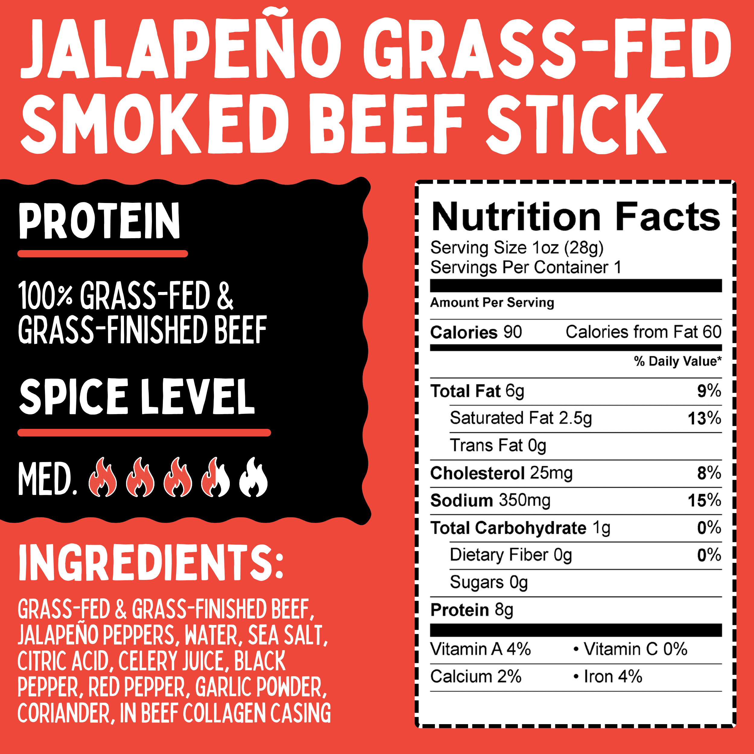 Jalapeno 100% Grass Fed Beef Sticks, Low Carb and Gluten-Free Snack, Hiking and Road Trip Snacks, Snack Pack of 12 Level 3.5 of 5 Spicy Jerky Sticks - Sogo Snacks