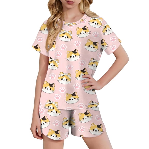 Auroural Big Girls Clothes 2 Piece Sets for Girls Kids Girls Fashion Cute Print Loose Short Sleeve Top Shorts Set Homewear Set