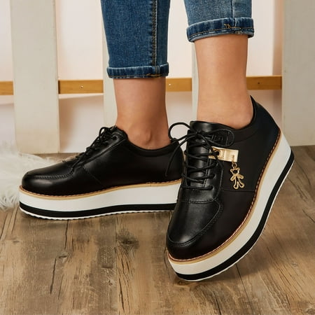 

Ladies Fashion Solid Color Leather Round Toe Lace Up Platform Casual Shoes