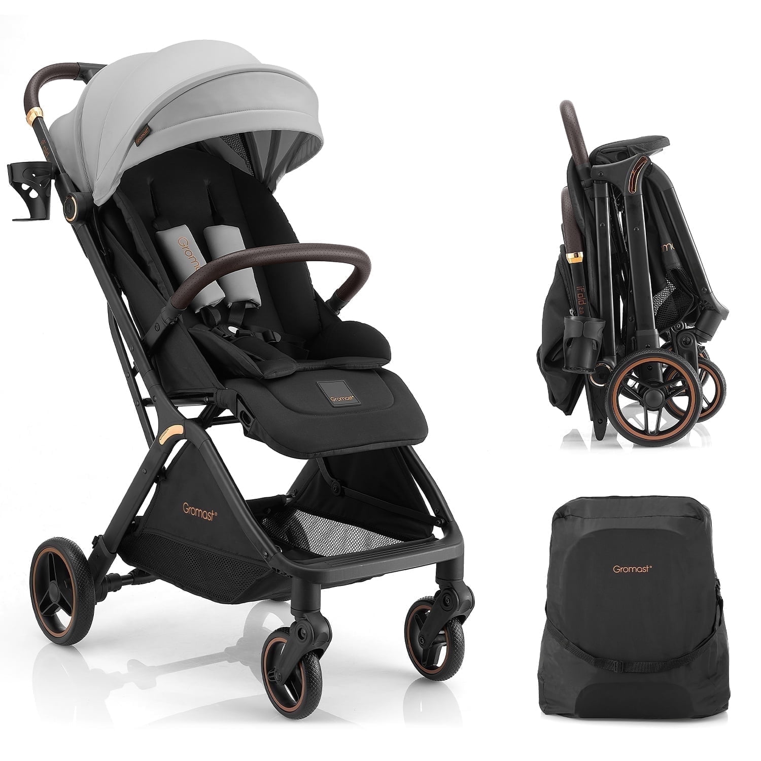Gravity Folding Baby Stroller - Portable Toddler Stroller w/ Adjustable Backrest & Canopy, Lightweight and UV Protected Travel Stroller, One-Hand Automatic Folding - Light Gray