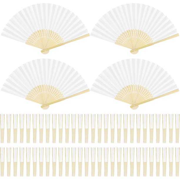 Abanicos de papel plegables de 60 piezas Abanicos de mano de bambú Abanicos de papel plegados para regalo de boda, favores de fiesta, bricolaje, decoración del hogar, blanco