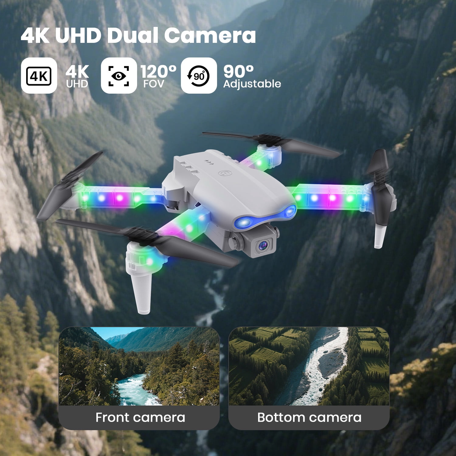 BEEPRINCESS Drone with Screen Remote Control and Cool Lights, RC Quadcopter with 4K HD Dual Camera for Beginner Adults Kids, Gray