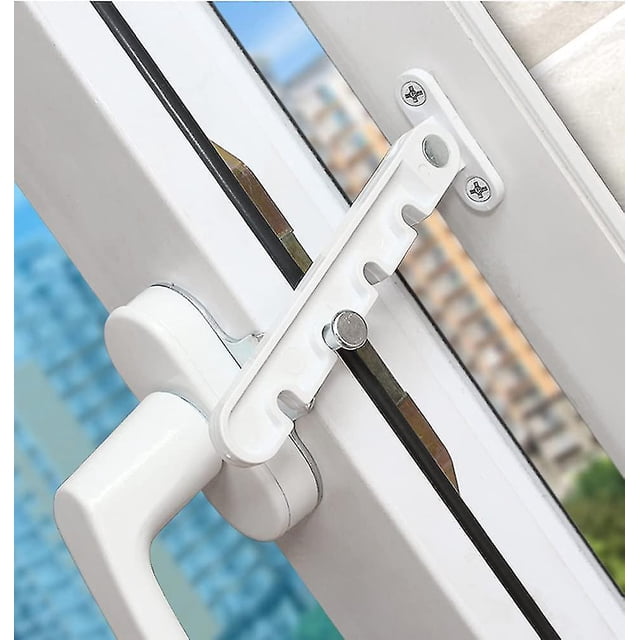 Restrictor de ventana abatible, Cerradura de seguridad para bebés, Cerradura anti-pellizco, Restrictor de ventilación de ventana, Apertura hacia afuera para ventana Upvc, Madera y aluminio, Blanco Feliz Sencillez