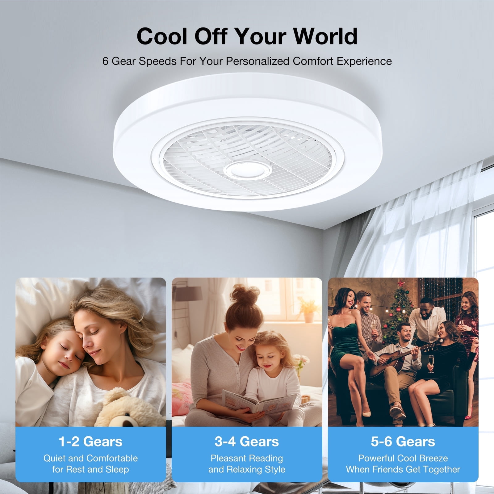 BLITZWILL 21in Ceiling Fan with Light, 6-Speed Reversible, Dimmable LED Timing with Remote & APP Control, Modern Bladeless Flush Mount Ceiling Fan, White