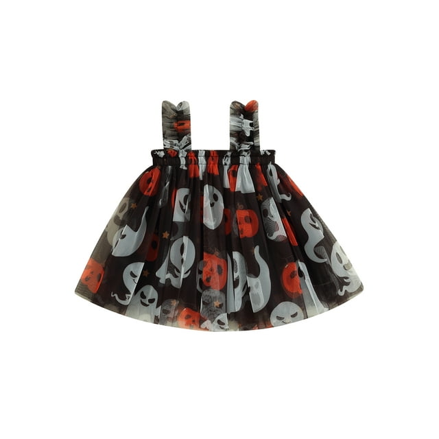 ZAXARRA Robe en Tulle Sans Manches pour Bébé Fille Col Carré Imprimé Citrouille Mignon Robe Tutu Vêtements d'Halloween