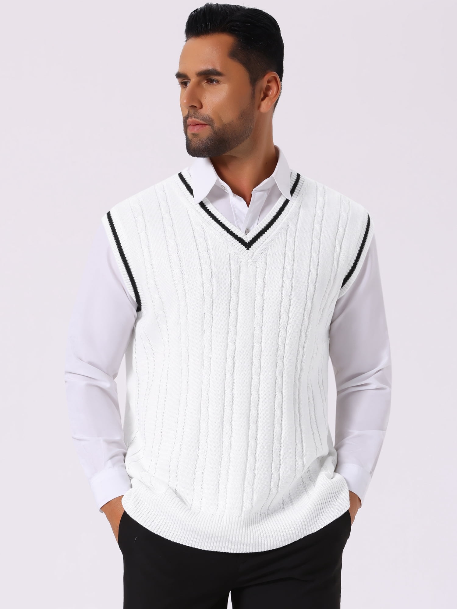 DARING DIVA Men's Solid Color V-Neck Sleeveless Cable Knitted Sweater Vest M White