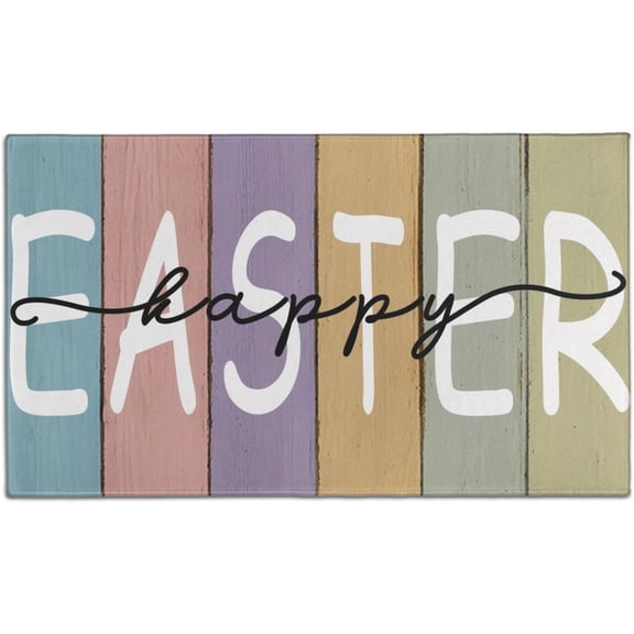 Happy Easter Decorative Door Mat 30 X 17 Inch - Pastel Wood Plank Backdrop Doormat Indoor Outdoor Entrance Patio Floor Mat Non Slip Durable Spring Decor Rubber Mats