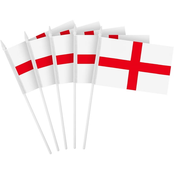 G128 12 Pack Handheld England English Stick Flags | 4x6 In | Printed 150D Polyester, Country Flag, Solid Plastic Stick, Spear White Tip