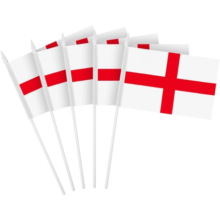 G128 30 Pack Handheld England English Stick Flags | 4x6 In | Printed 150D Polyester, Country Flag, Solid Plastic Stick, Spear White Tip