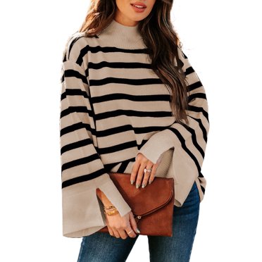 DOKOTOO Pullover Sweaters for Women Casual Loose Long Sleeve Mock Neck Ribbed Jumper Sweaters Chunky Knit Baggy Fall Striped Sweater Top Size Large US12-14