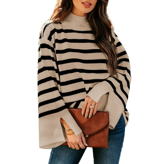 DOKOTOO Pullover Sweaters for Women Casual Loose Long Sleeve Mock Neck Ribbed Jumper Sweaters Chunky Knit Baggy Fall Striped Sweater Top Size Large US12-14