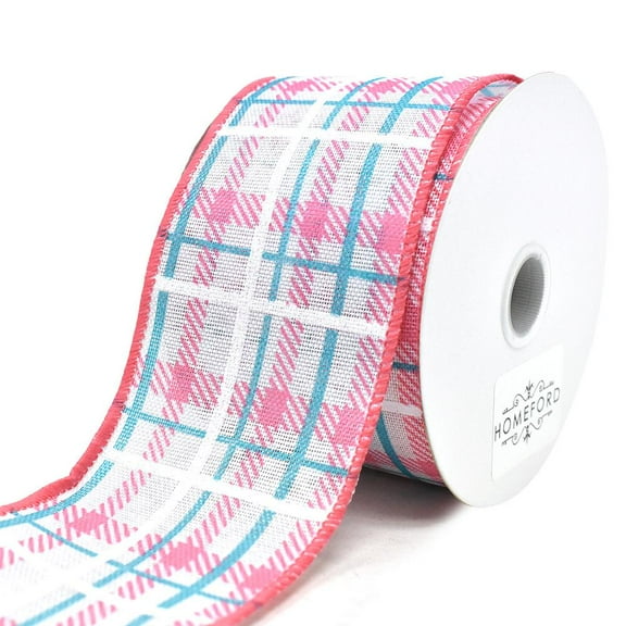 Iridescent Plaid Linen Wired Ribbon, Coral/Aqua. 2-1/2-Inch, 10-Yard