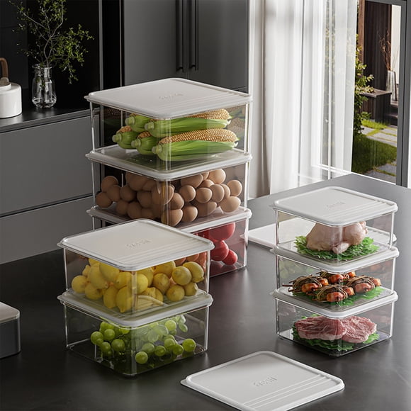 Stackable Refrigerator Food Storage Box, Transparent Kitchen Organizer with Lid, Stackable Sealed Snack Nut Box for Fridge Pantry Cabinet