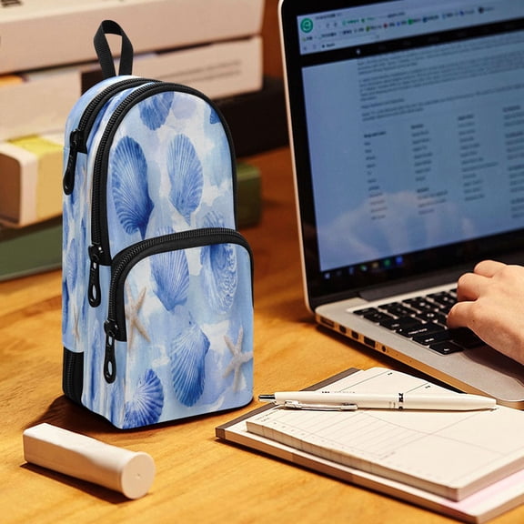 Backpack Pencil Case, 3 Compartment Large Capacity Oxford Fabric Pencil Pouch / Cerulean Seashells Pattern