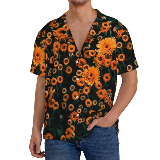 Fotbe Daisies Camisa Estampada de Manga Corta para Hombre, Casual de Verano, Estilo Playero, Sin Arrugas-Large