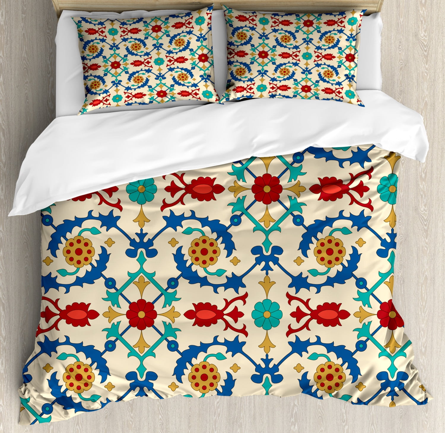 Moroccan Queen Size Duvet Cover Set with Baroque Floral Ornaments
